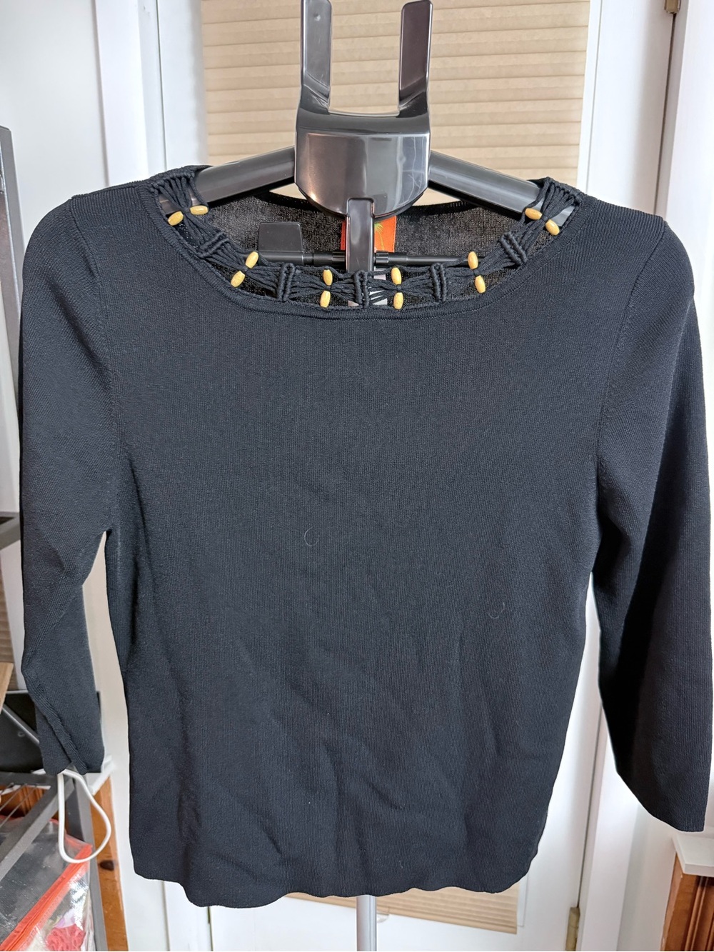 Boho Beachy Hearts of palm Black 3/4 Sleeve Top woven beaded collar detail L